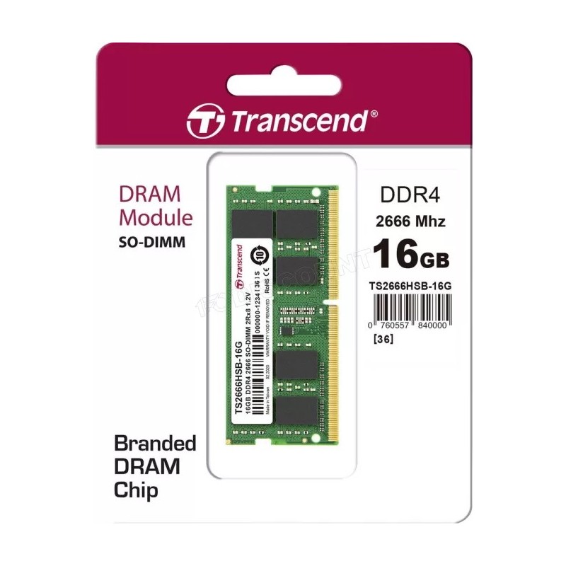 Barrette mémoire SODIMM 16Go DDR4 Transcend 2666Mhz (Vert)