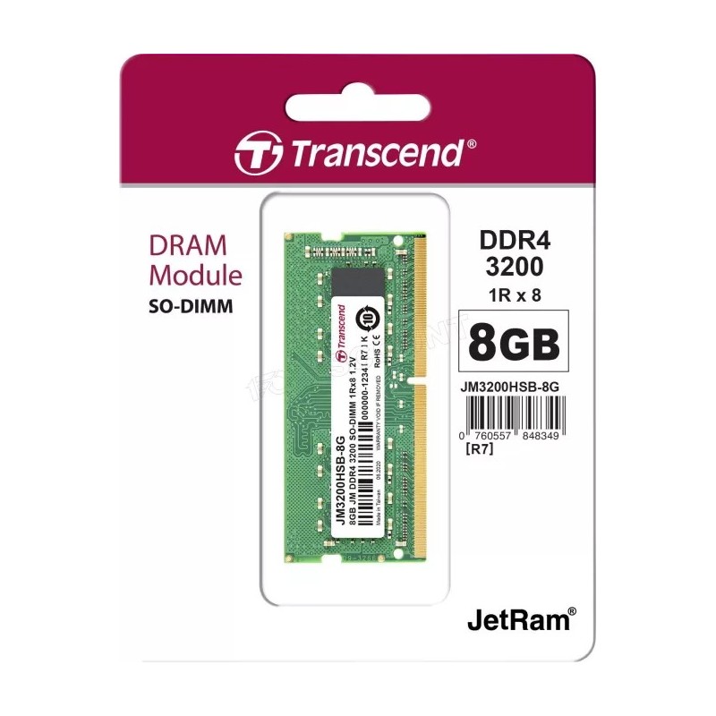 Barrette mémoire SODIMM 8Go DDR4 Transcend JetRam  3200Mhz (Vert)