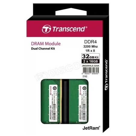 Kit Barrettes mémoire 32Go (2x16Go) DIMM DDR4 Transcend JetRam 3200Mhz (Vert)