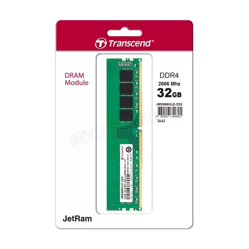 Barrette mémoire 32Go DIMM DDR4 Transcend JetRam 2666Mhz (Vert)