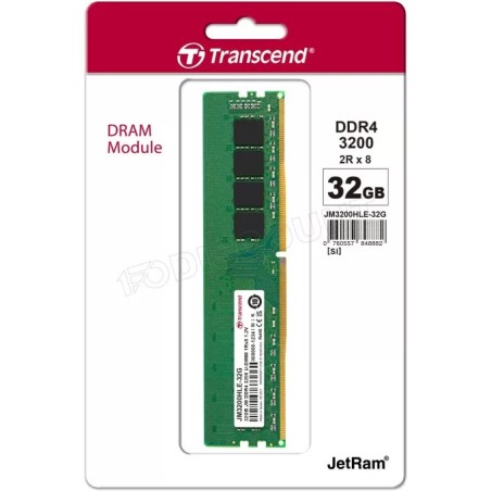 Barrette mémoire 32Go DIMM DDR4 Transcend JetRam 3200Mhz (Vert)