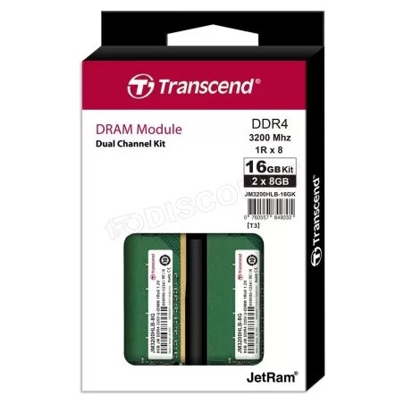 Kit Barrettes mémoire 16Go (2x8go) DIMM DDR4 Transcend JetRam 3200Mhz (Vert)